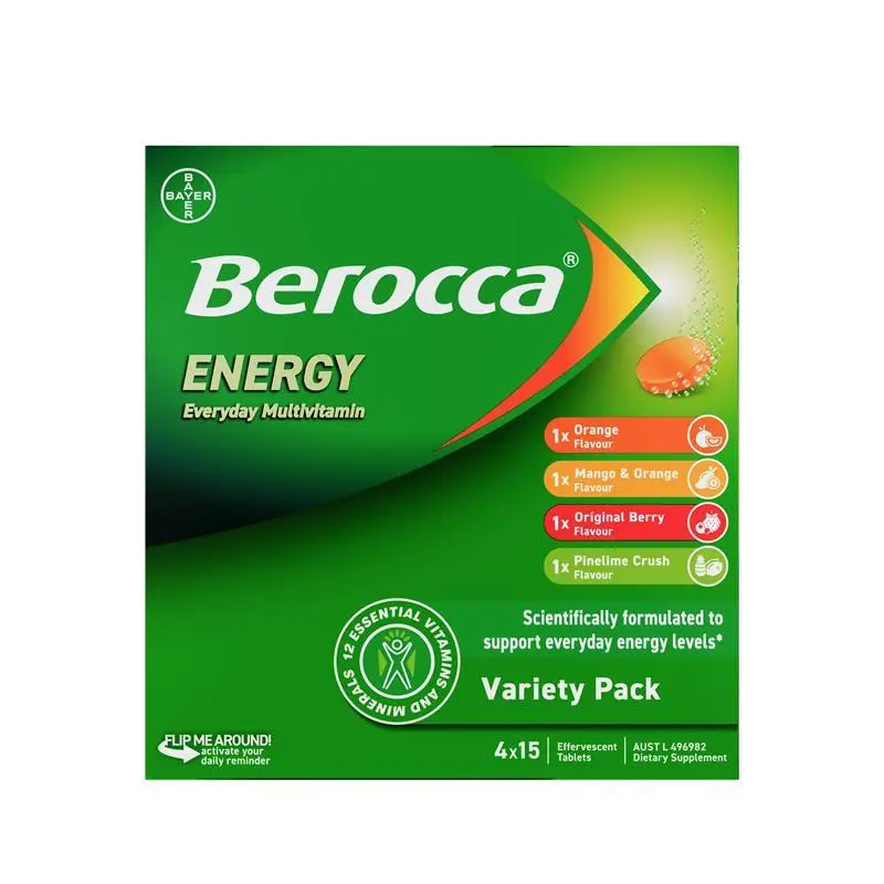 Berocca Energy Variety 60 Effervescent Tablets (4 x 15 Variety Pack) Exclusive Pack