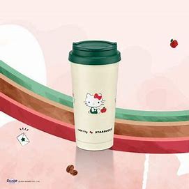 Starbucks & Hello Kitty Holding Coffee Tumbler with Apple