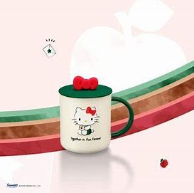 Starbucks & Hello Kitty Holding Coffee with Red Ribbon Lid Ceramic Mug